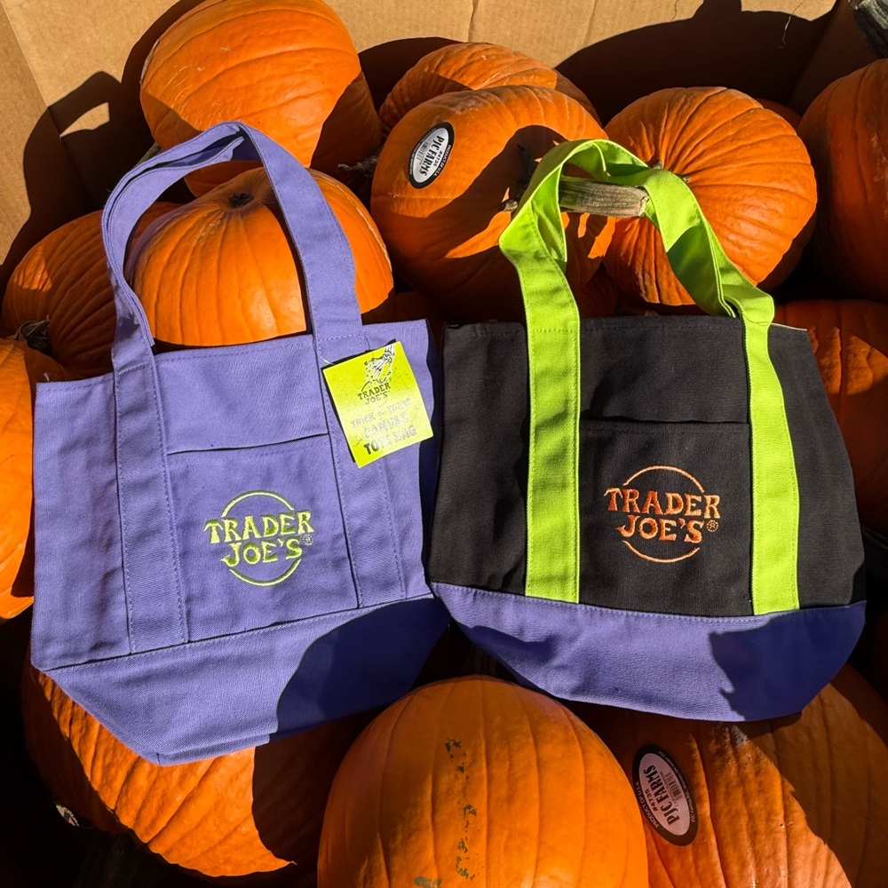 (SET of 2) 🎃 Trader Joe’s Mini Canvas Tote Bags Halloween. multicolor + purple